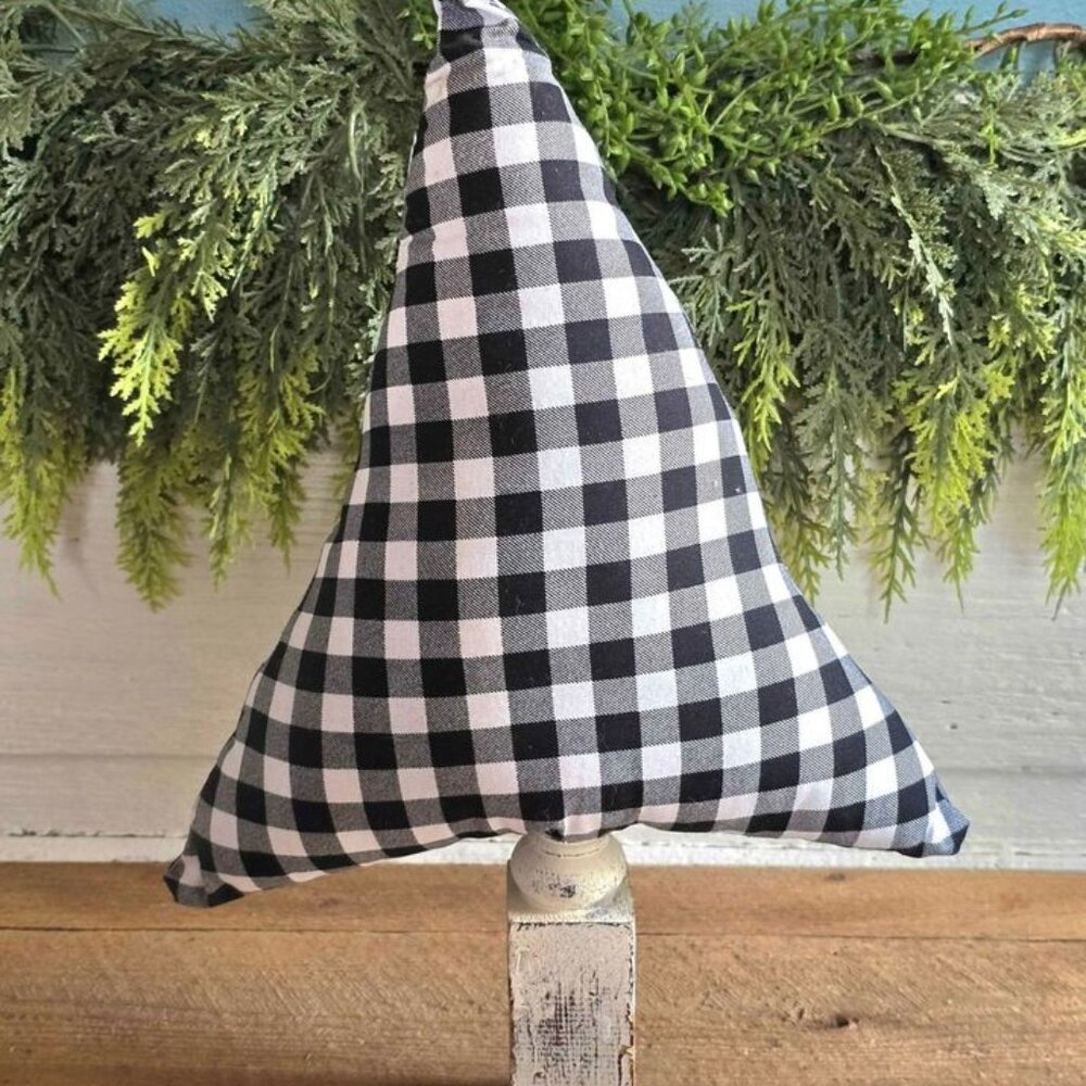 Primitive White & Black Buffalo Check Tree Plush Wood Figure Farmhouse Decor